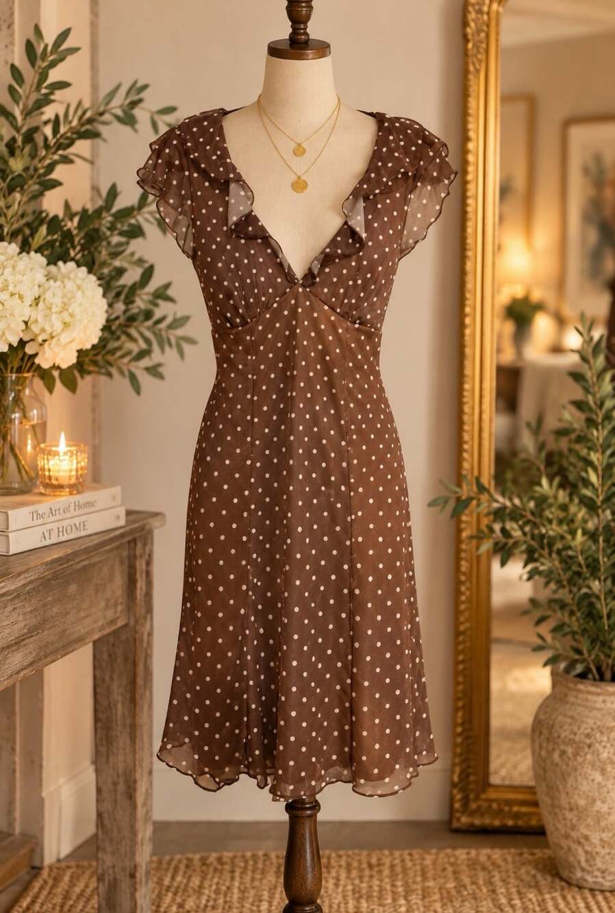 NWOT Brown Polka Dot Mesh Ruffle V-Neck Dress by H+H Hips And Hearts